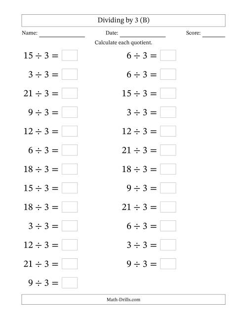 The Horizontally Arranged Dividing by 3 with Quotients 1 to 7 (25 Questions; Large Print) (B) Math Worksheet