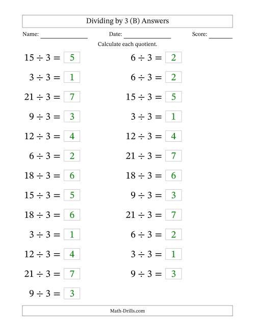 The Horizontally Arranged Dividing by 3 with Quotients 1 to 7 (25 Questions; Large Print) (B) Math Worksheet Page 2