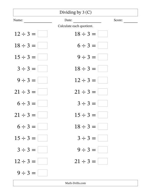 The Horizontally Arranged Dividing by 3 with Quotients 1 to 7 (25 Questions; Large Print) (C) Math Worksheet