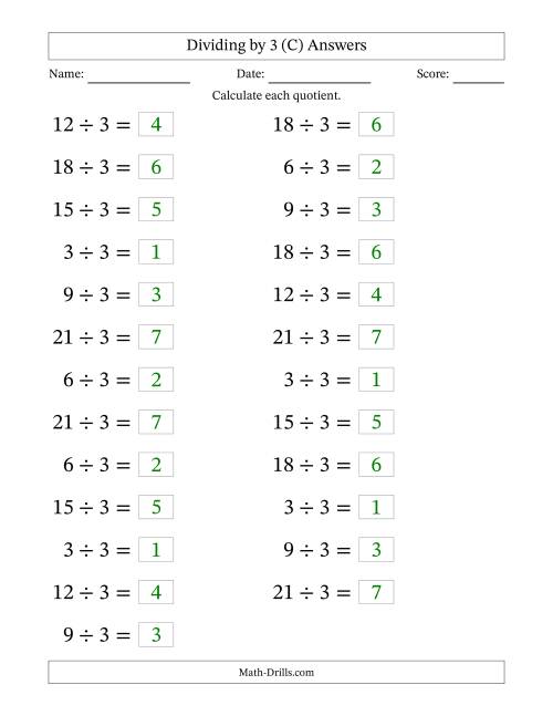 The Horizontally Arranged Dividing by 3 with Quotients 1 to 7 (25 Questions; Large Print) (C) Math Worksheet Page 2
