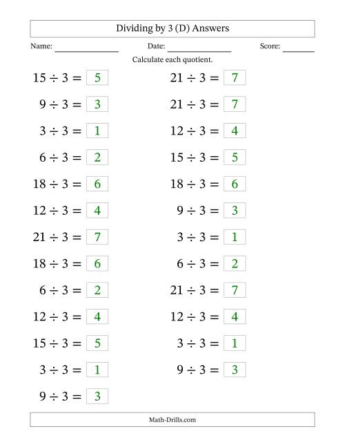 The Horizontally Arranged Dividing by 3 with Quotients 1 to 7 (25 Questions; Large Print) (D) Math Worksheet Page 2