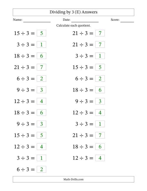 The Horizontally Arranged Dividing by 3 with Quotients 1 to 7 (25 Questions; Large Print) (E) Math Worksheet Page 2