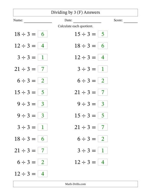 The Horizontally Arranged Dividing by 3 with Quotients 1 to 7 (25 Questions; Large Print) (F) Math Worksheet Page 2
