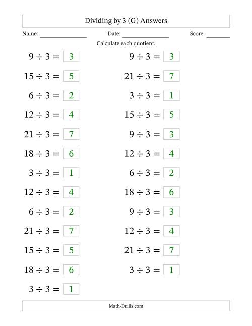 The Horizontally Arranged Dividing by 3 with Quotients 1 to 7 (25 Questions; Large Print) (G) Math Worksheet Page 2