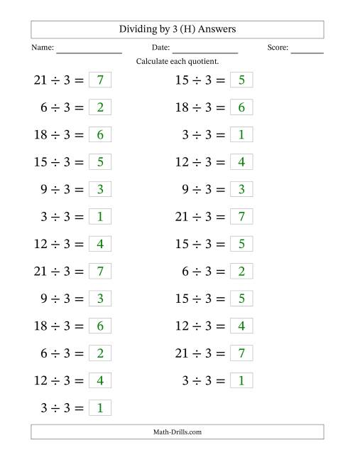 The Horizontally Arranged Dividing by 3 with Quotients 1 to 7 (25 Questions; Large Print) (H) Math Worksheet Page 2