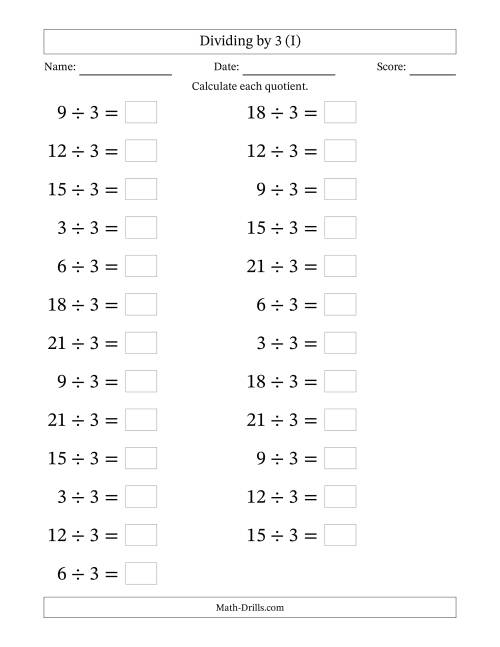 The Horizontally Arranged Dividing by 3 with Quotients 1 to 7 (25 Questions; Large Print) (I) Math Worksheet