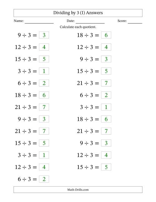 The Horizontally Arranged Dividing by 3 with Quotients 1 to 7 (25 Questions; Large Print) (I) Math Worksheet Page 2