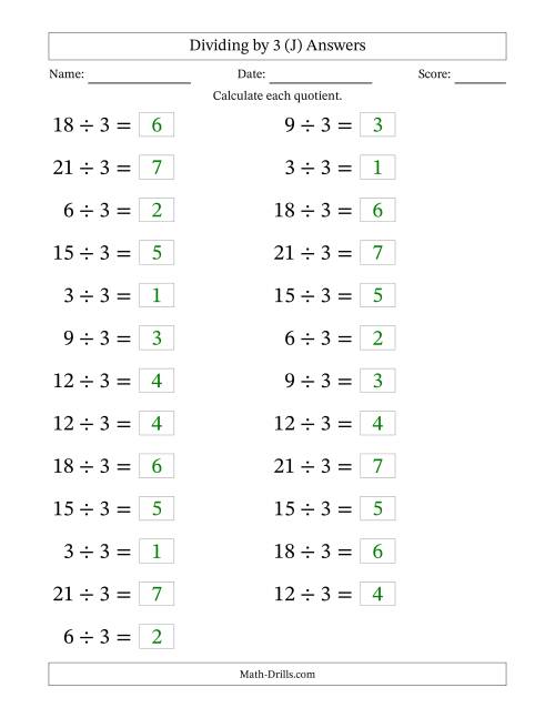 The Horizontally Arranged Dividing by 3 with Quotients 1 to 7 (25 Questions; Large Print) (J) Math Worksheet Page 2