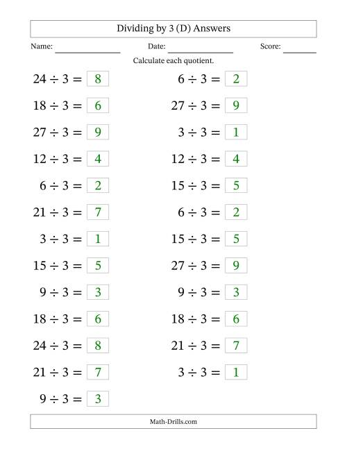 The Horizontally Arranged Dividing by 3 with Quotients 1 to 9 (25 Questions; Large Print) (D) Math Worksheet Page 2