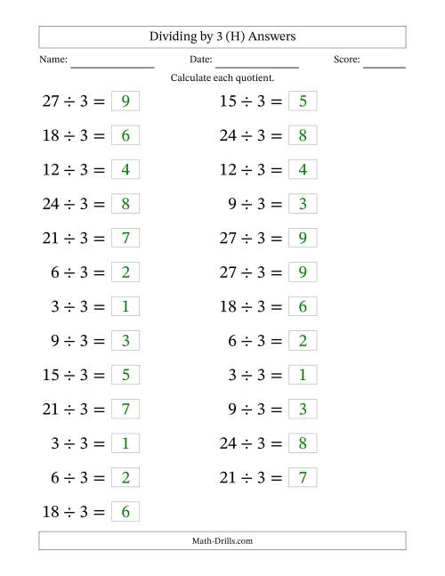 The Horizontally Arranged Dividing by 3 with Quotients 1 to 9 (25 Questions; Large Print) (H) Math Worksheet Page 2
