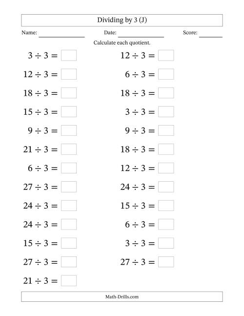 The Horizontally Arranged Dividing by 3 with Quotients 1 to 9 (25 Questions; Large Print) (J) Math Worksheet
