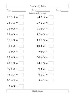 Horizontally Arranged Dividing by 3 with Quotients 1 to 10 (25 Questions; Large Print)