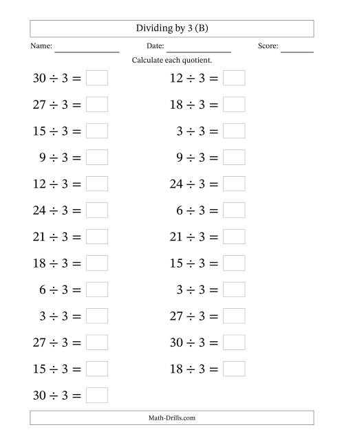 The Horizontally Arranged Dividing by 3 with Quotients 1 to 10 (25 Questions; Large Print) (B) Math Worksheet