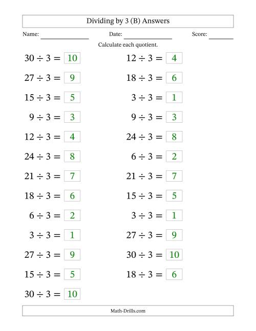 The Horizontally Arranged Dividing by 3 with Quotients 1 to 10 (25 Questions; Large Print) (B) Math Worksheet Page 2