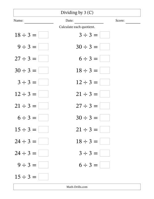 The Horizontally Arranged Dividing by 3 with Quotients 1 to 10 (25 Questions; Large Print) (C) Math Worksheet