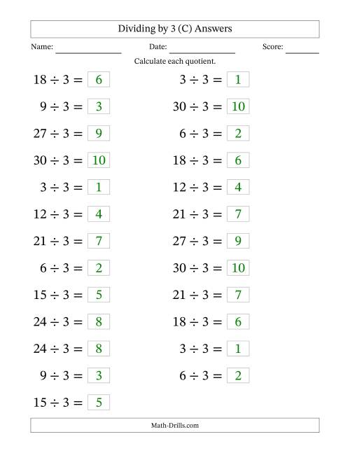 The Horizontally Arranged Dividing by 3 with Quotients 1 to 10 (25 Questions; Large Print) (C) Math Worksheet Page 2
