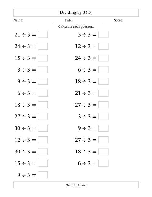 The Horizontally Arranged Dividing by 3 with Quotients 1 to 10 (25 Questions; Large Print) (D) Math Worksheet