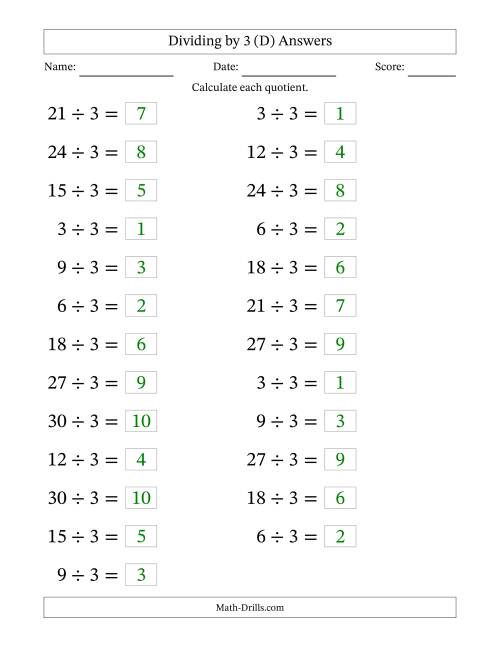The Horizontally Arranged Dividing by 3 with Quotients 1 to 10 (25 Questions; Large Print) (D) Math Worksheet Page 2