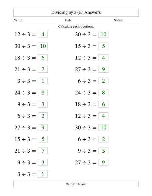 The Horizontally Arranged Dividing by 3 with Quotients 1 to 10 (25 Questions; Large Print) (E) Math Worksheet Page 2