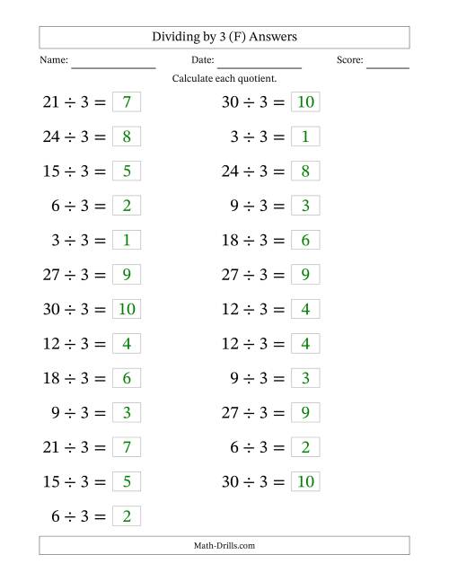 The Horizontally Arranged Dividing by 3 with Quotients 1 to 10 (25 Questions; Large Print) (F) Math Worksheet Page 2