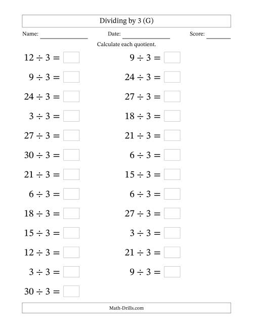 The Horizontally Arranged Dividing by 3 with Quotients 1 to 10 (25 Questions; Large Print) (G) Math Worksheet