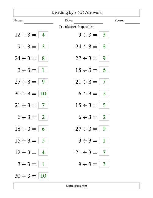 The Horizontally Arranged Dividing by 3 with Quotients 1 to 10 (25 Questions; Large Print) (G) Math Worksheet Page 2
