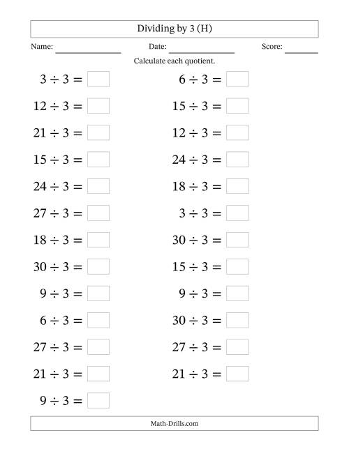 The Horizontally Arranged Dividing by 3 with Quotients 1 to 10 (25 Questions; Large Print) (H) Math Worksheet