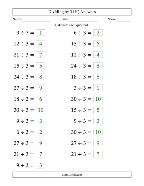 The Horizontally Arranged Dividing by 3 with Quotients 1 to 10 (25 Questions; Large Print) (H) Math Worksheet Page 2