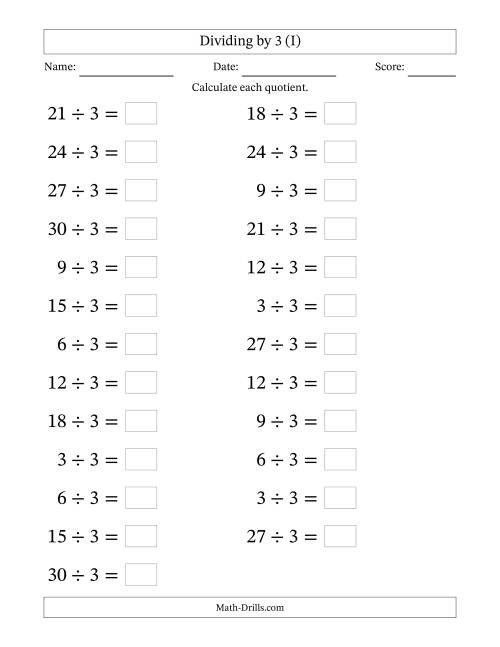 The Horizontally Arranged Dividing by 3 with Quotients 1 to 10 (25 Questions; Large Print) (I) Math Worksheet