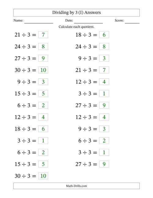 The Horizontally Arranged Dividing by 3 with Quotients 1 to 10 (25 Questions; Large Print) (I) Math Worksheet Page 2