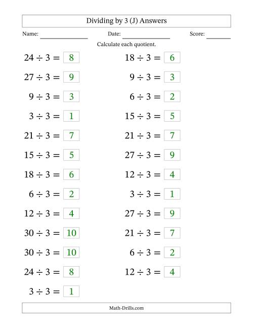 The Horizontally Arranged Dividing by 3 with Quotients 1 to 10 (25 Questions; Large Print) (J) Math Worksheet Page 2