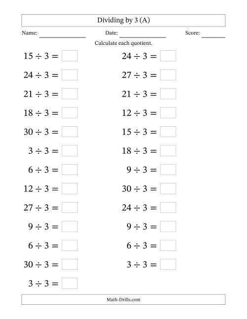 The Horizontally Arranged Dividing by 3 with Quotients 1 to 10 (25 Questions; Large Print) (All) Math Worksheet