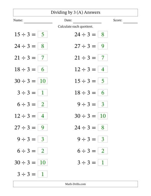 The Horizontally Arranged Dividing by 3 with Quotients 1 to 10 (25 Questions; Large Print) (All) Math Worksheet Page 2