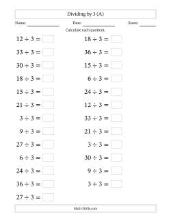 Horizontally Arranged Dividing by 3 with Quotients 1 to 12 (25 Questions; Large Print)