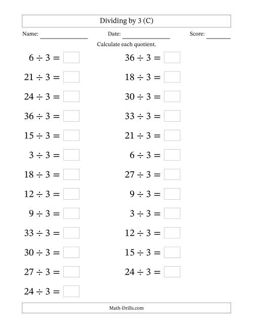 The Horizontally Arranged Dividing by 3 with Quotients 1 to 12 (25 Questions; Large Print) (C) Math Worksheet
