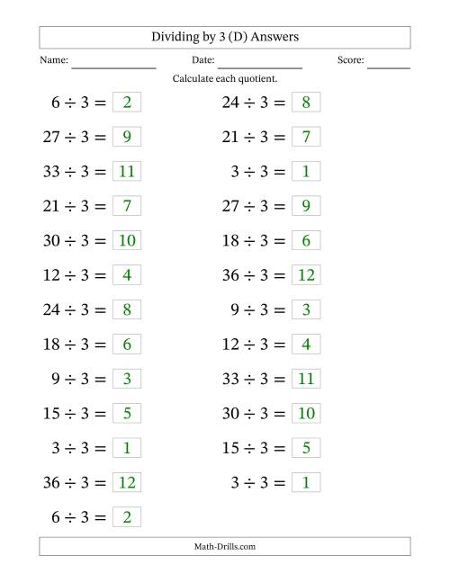The Horizontally Arranged Dividing by 3 with Quotients 1 to 12 (25 Questions; Large Print) (D) Math Worksheet Page 2
