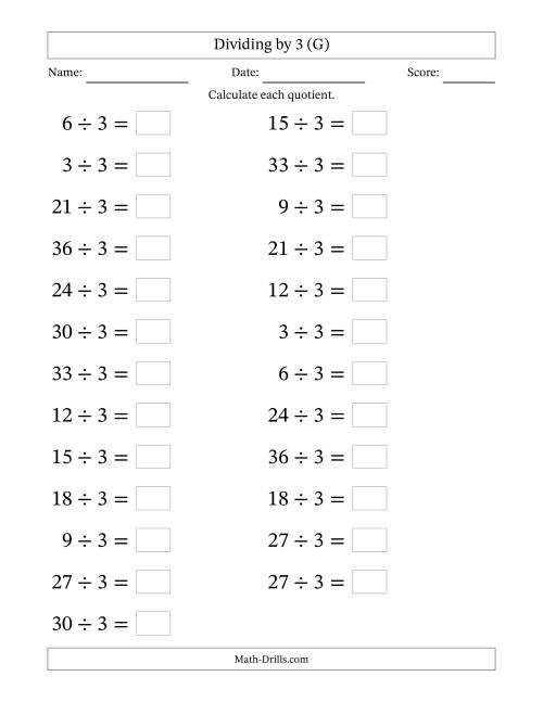 The Horizontally Arranged Dividing by 3 with Quotients 1 to 12 (25 Questions; Large Print) (G) Math Worksheet
