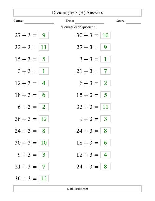The Horizontally Arranged Dividing by 3 with Quotients 1 to 12 (25 Questions; Large Print) (H) Math Worksheet Page 2