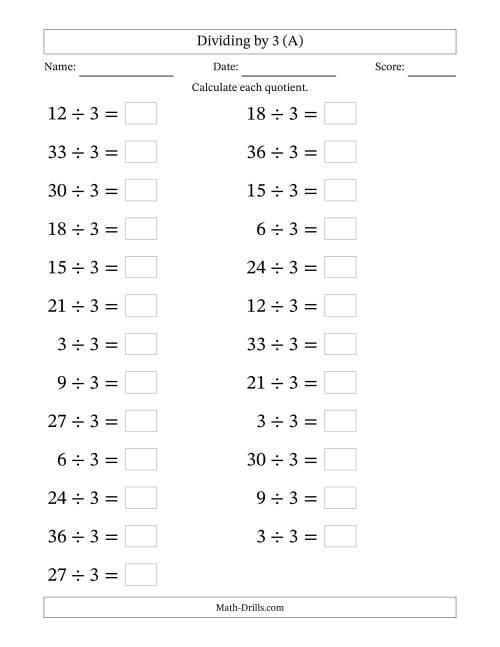 The Horizontally Arranged Dividing by 3 with Quotients 1 to 12 (25 Questions; Large Print) (All) Math Worksheet