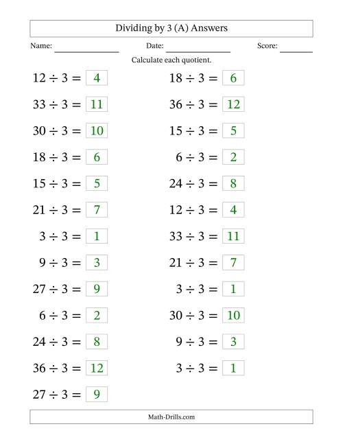The Horizontally Arranged Dividing by 3 with Quotients 1 to 12 (25 Questions; Large Print) (All) Math Worksheet Page 2