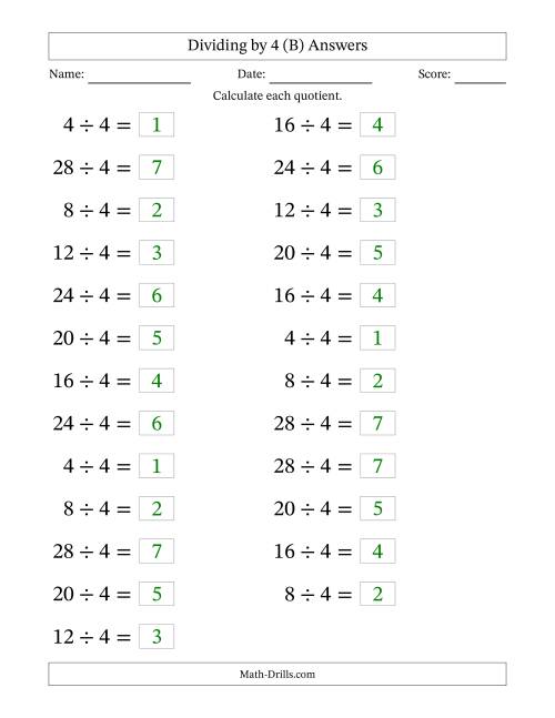 The Horizontally Arranged Dividing by 4 with Quotients 1 to 7 (25 Questions; Large Print) (B) Math Worksheet Page 2