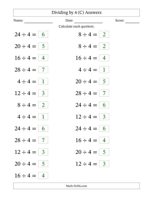 The Horizontally Arranged Dividing by 4 with Quotients 1 to 7 (25 Questions; Large Print) (C) Math Worksheet Page 2