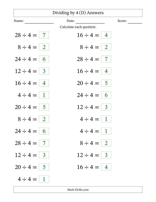 The Horizontally Arranged Dividing by 4 with Quotients 1 to 7 (25 Questions; Large Print) (D) Math Worksheet Page 2