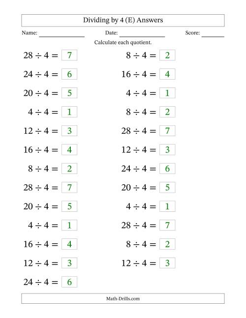 The Horizontally Arranged Dividing by 4 with Quotients 1 to 7 (25 Questions; Large Print) (E) Math Worksheet Page 2