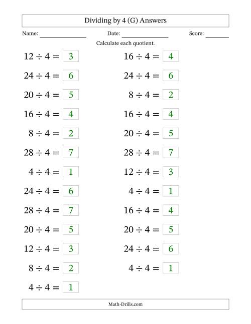 The Horizontally Arranged Dividing by 4 with Quotients 1 to 7 (25 Questions; Large Print) (G) Math Worksheet Page 2