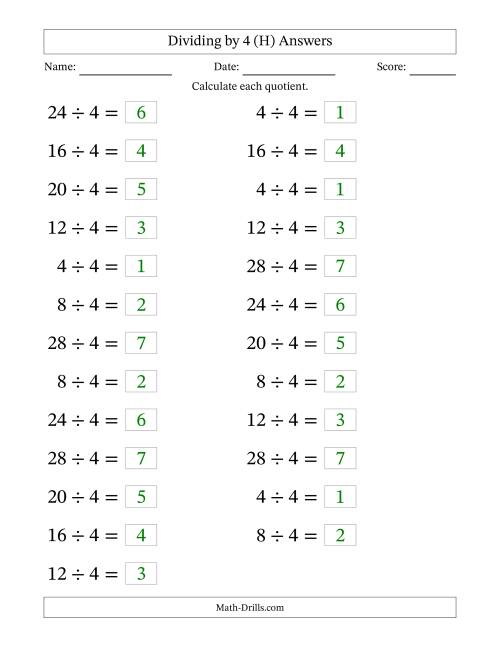 The Horizontally Arranged Dividing by 4 with Quotients 1 to 7 (25 Questions; Large Print) (H) Math Worksheet Page 2