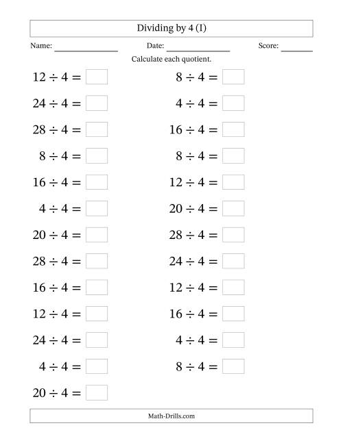 The Horizontally Arranged Dividing by 4 with Quotients 1 to 7 (25 Questions; Large Print) (I) Math Worksheet