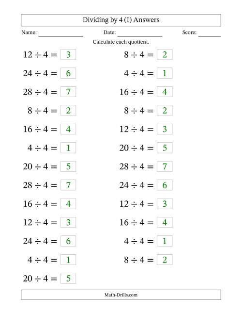 The Horizontally Arranged Dividing by 4 with Quotients 1 to 7 (25 Questions; Large Print) (I) Math Worksheet Page 2