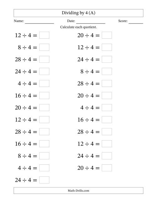 The Horizontally Arranged Dividing by 4 with Quotients 1 to 7 (25 Questions; Large Print) (All) Math Worksheet