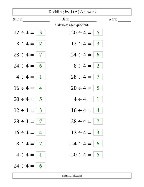 The Horizontally Arranged Dividing by 4 with Quotients 1 to 7 (25 Questions; Large Print) (All) Math Worksheet Page 2